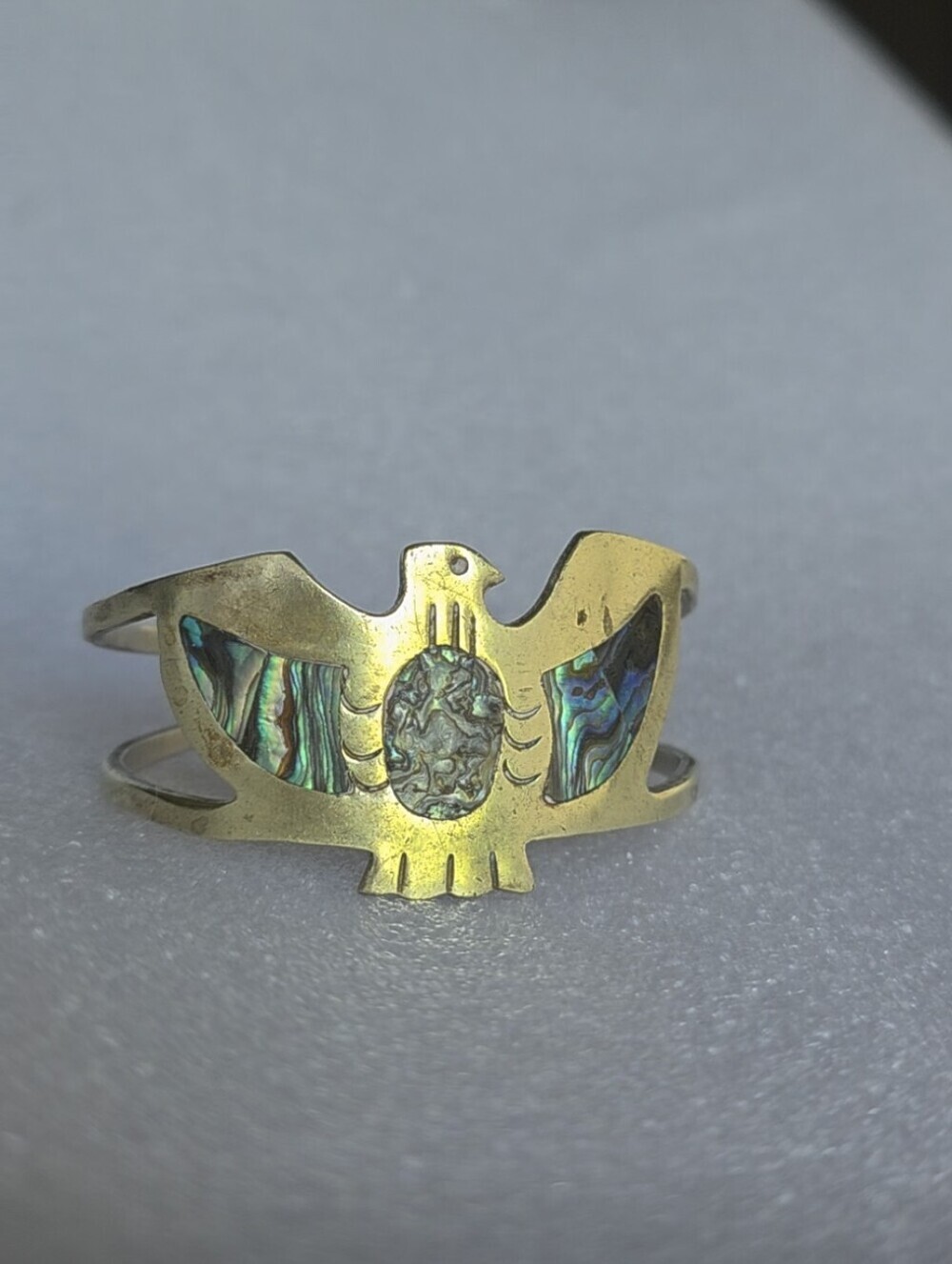 Vintage Mexican Brass Abalone Shell Inlay Thunderbird Cuff Bracelet - Mid Centur
